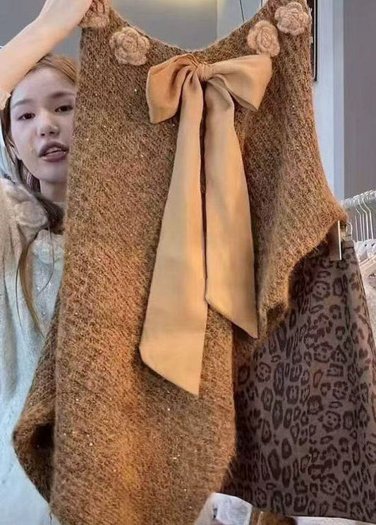 Art Coffee Bow Floral Knit Sweater Batwing Sleeve