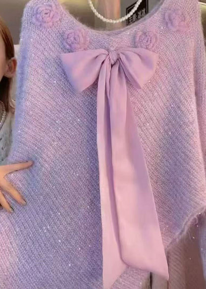 Art Coffee Bow Floral Knit Sweater Batwing Sleeve