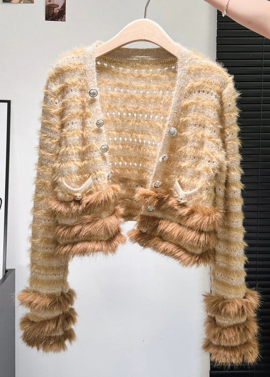 Art Coffee Button Fox Fur Patchwork Knit Coats Winter