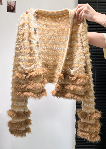 Art Coffee Button Fox Fur Patchwork Knit Coats Winter