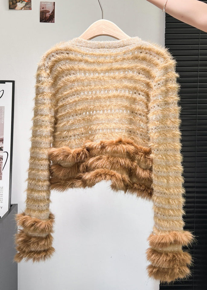 Art Coffee Button Fox Fur Patchwork Knit Coats Winter