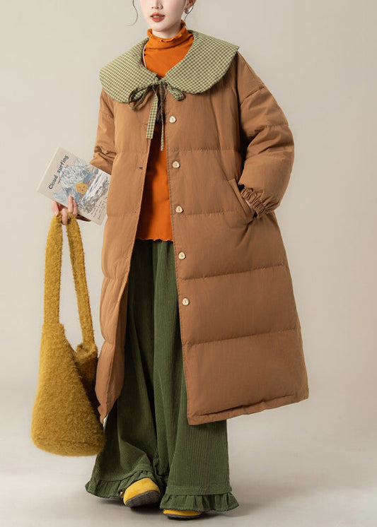 Art Coffee Peter Pan Collar Lace Up Patchwork Duck Down Long Puffer Coat Winter