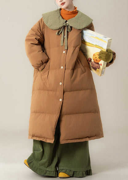 Art Coffee Peter Pan Collar Lace Up Patchwork Duck Down Long Puffer Coat Winter