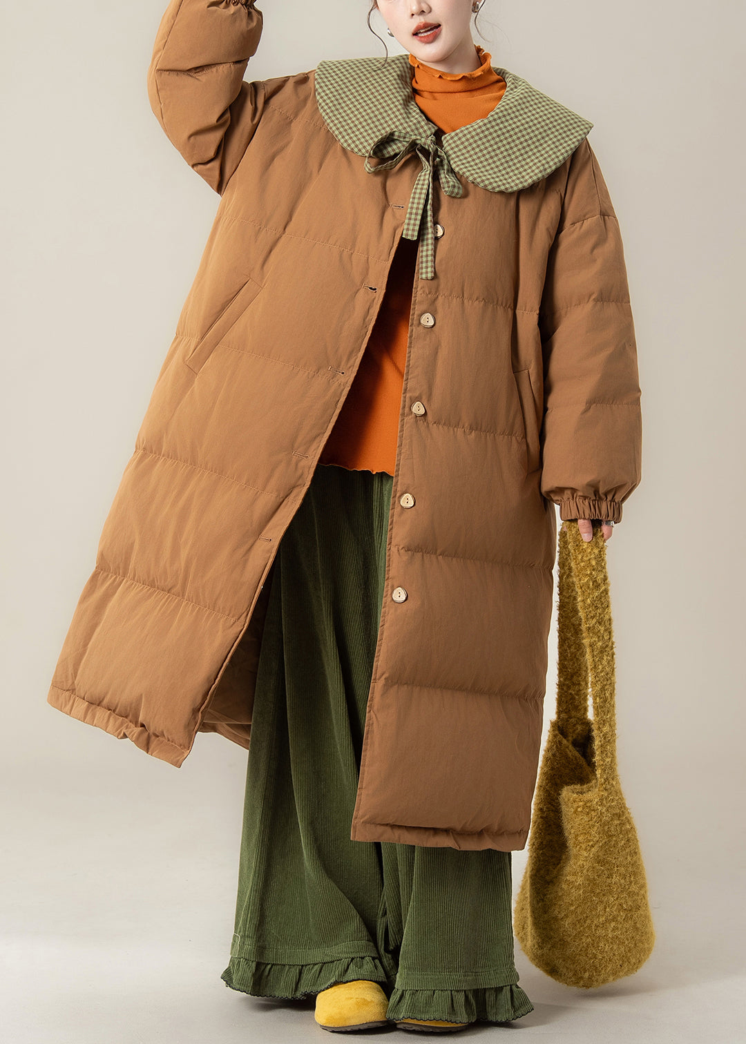 Art Coffee Peter Pan Collar Lace Up Patchwork Duck Down Long Puffer Coat Winter