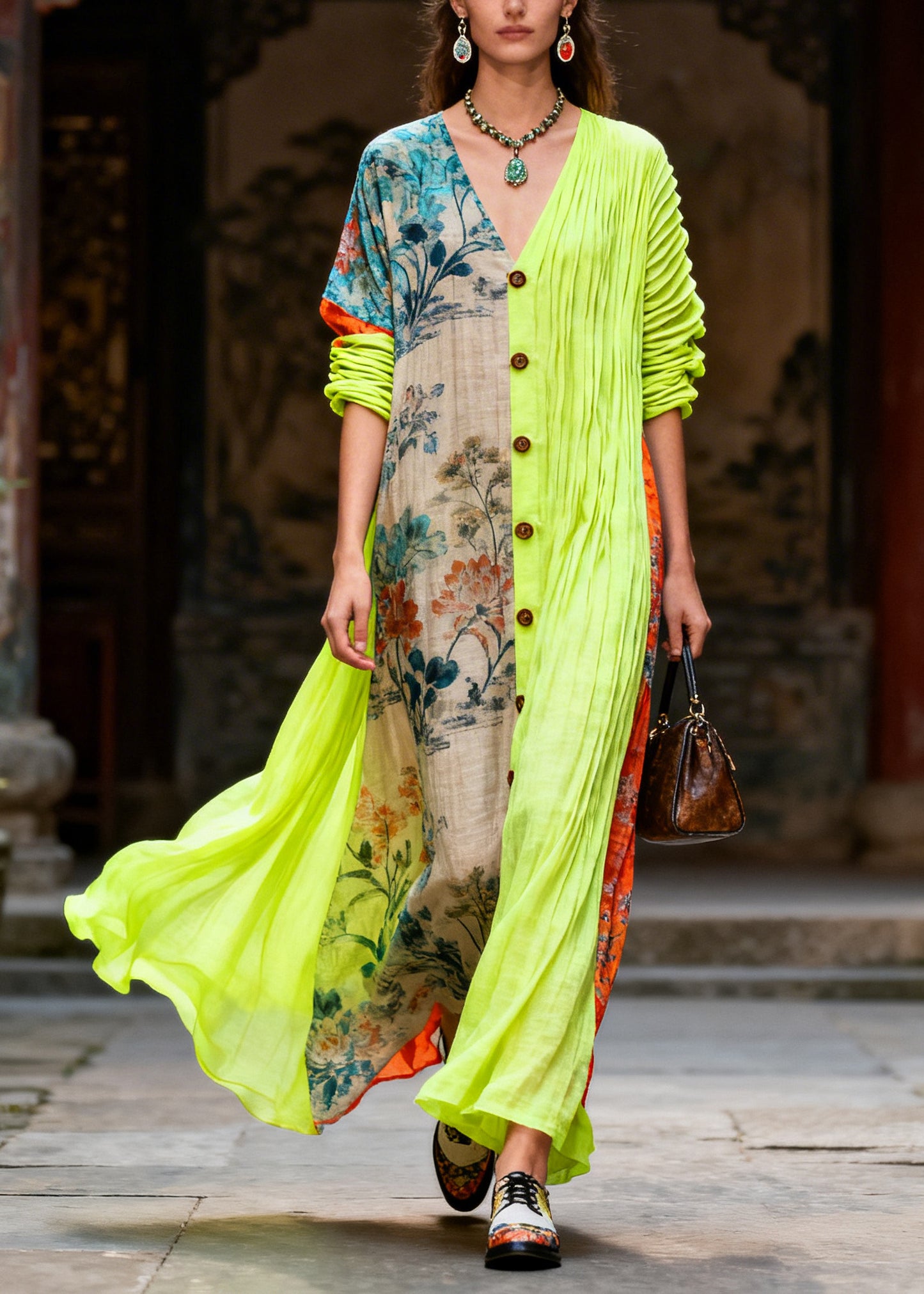 Art Colorblock Asymmetrical Patchwork Button Cotton Vacation Dress Summer