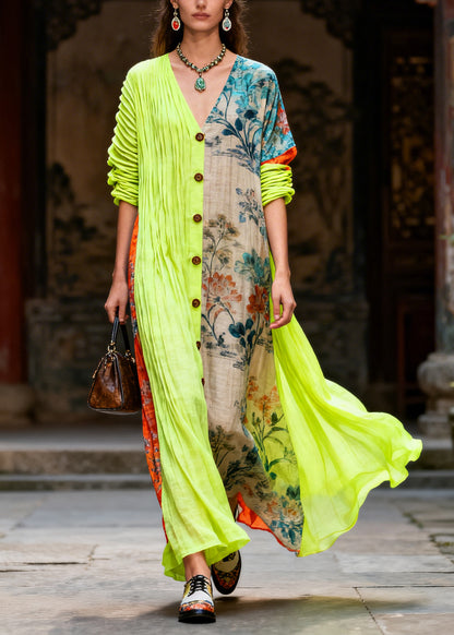 Art Colorblock Asymmetrical Patchwork Button Cotton Vacation Dress Summer