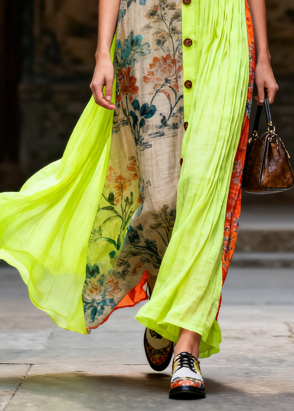 Art Colorblock Asymmetrical Patchwork Button Cotton Vacation Dress Summer