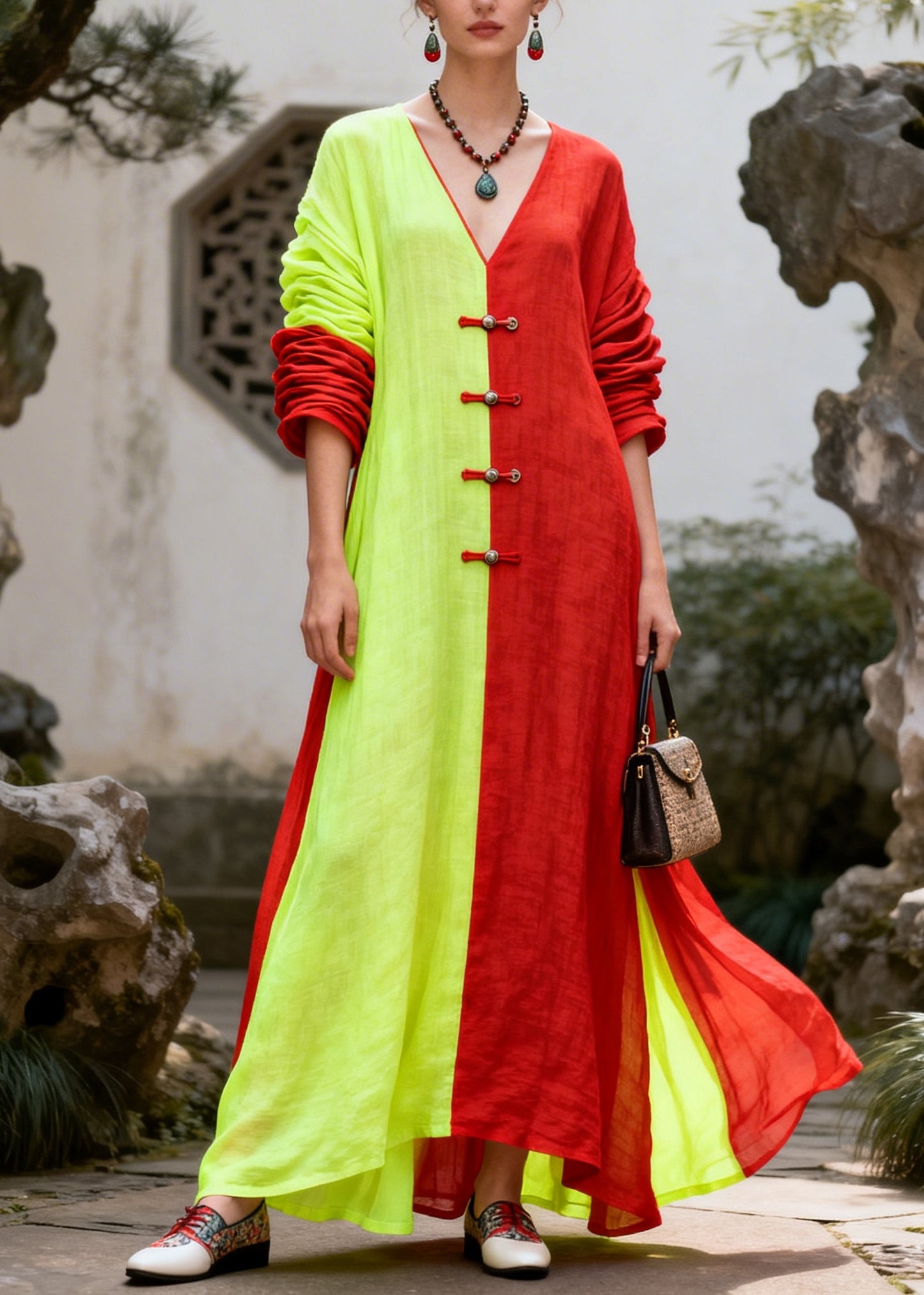 Art Colorblock Asymmetrical Patchwork Chinese Button Cotton Long Dress Summer
