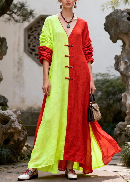 Art Colorblock Asymmetrical Patchwork Chinese Button Cotton Long Dress Summer