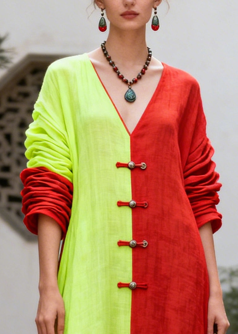 Art Colorblock Asymmetrical Patchwork Chinese Button Cotton Long Dress Summer