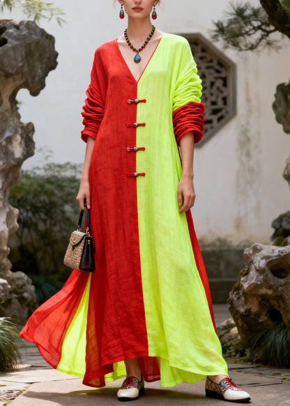 Art Colorblock Asymmetrical Patchwork Chinese Button Cotton Long Dress Summer