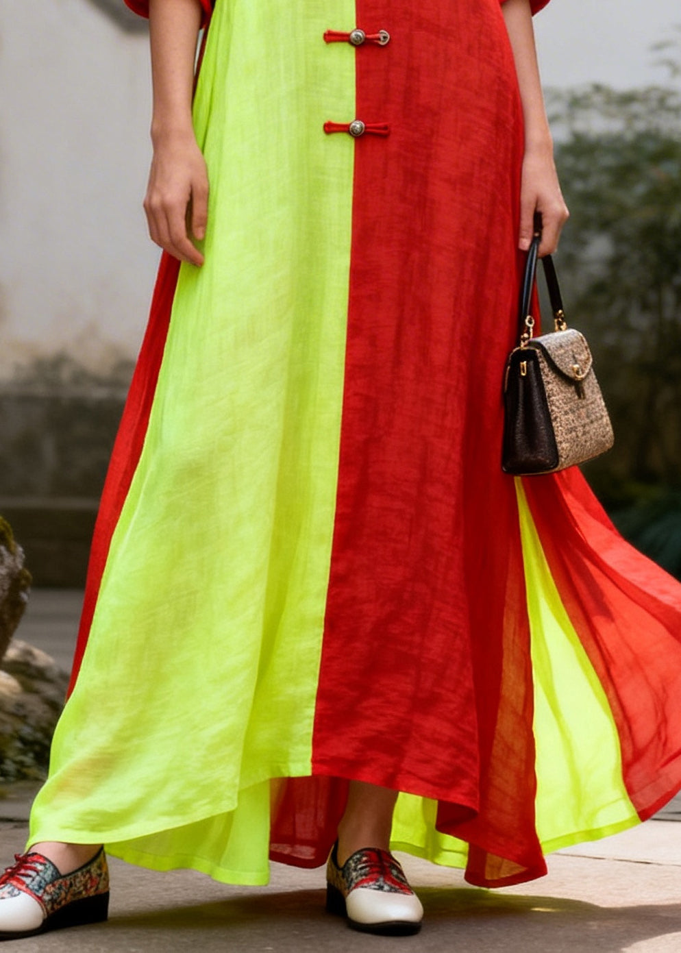 Art Colorblock Asymmetrical Patchwork Chinese Button Cotton Long Dress Summer