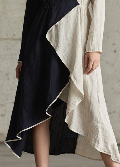 Art Colorblock Asymmetrical Patchwork Cotton Long Dress Spring