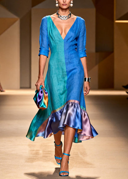 Art Colorblock Asymmetrical Patchwork Cotton Maxi Dress Summer