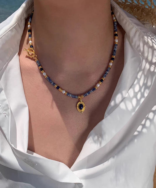 Art Colorblock Copper Alloy Pearl Gem Stone Beading Pendant Necklace