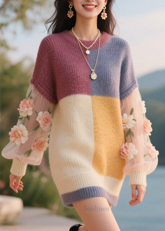Art Colorblock O Neck Tulle Floral Knitwear Dress Fall