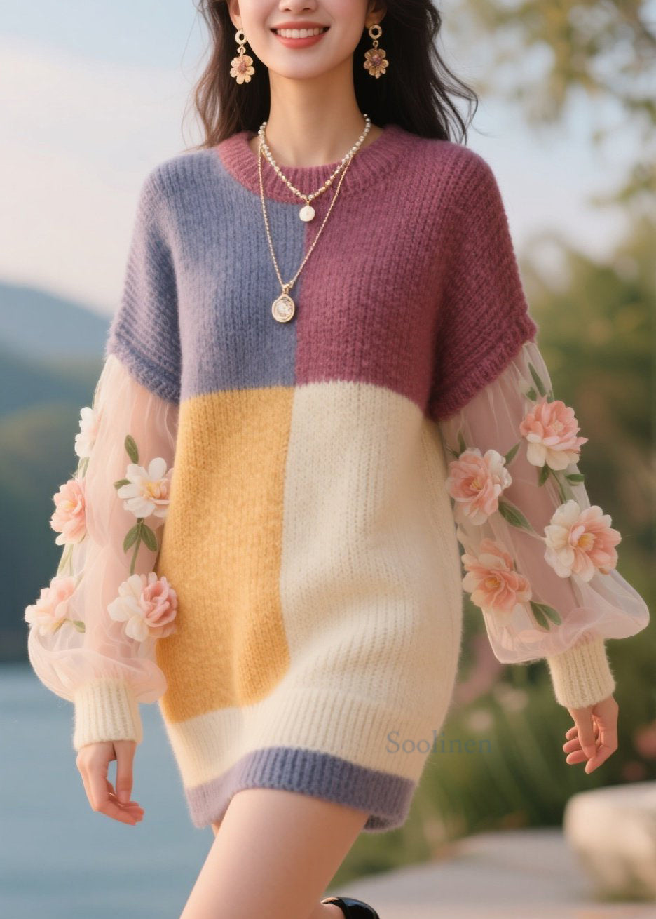 Art Colorblock O Neck Tulle Floral Knitwear Dress Fall