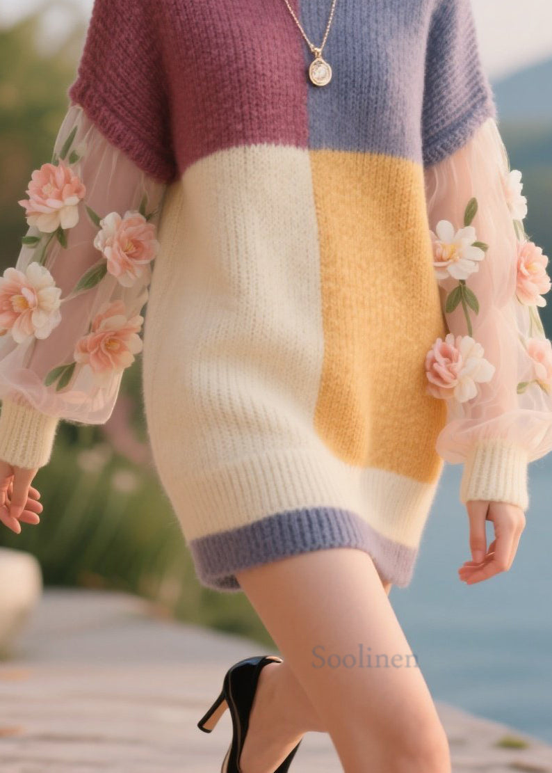 Art Colorblock O Neck Tulle Floral Knitwear Dress Fall