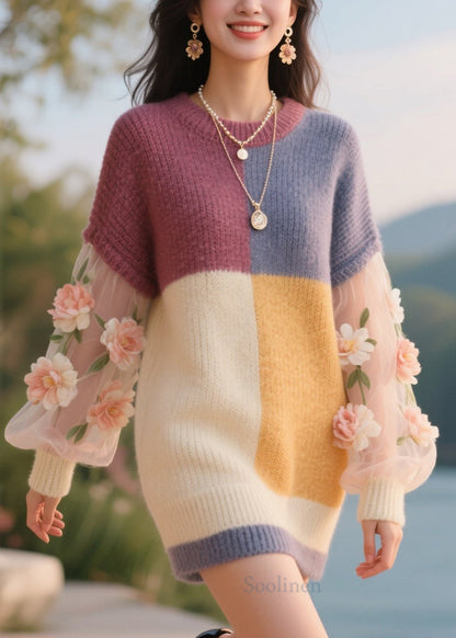 Art Colorblock O Neck Tulle Floral Knitwear Dress Fall
