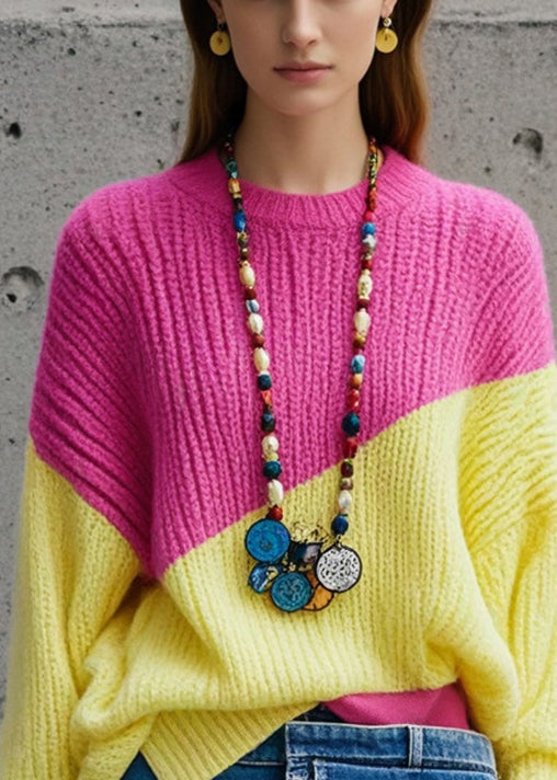 Art Colorblock Oversized Patchwork Knitted Cozy Tops Fall