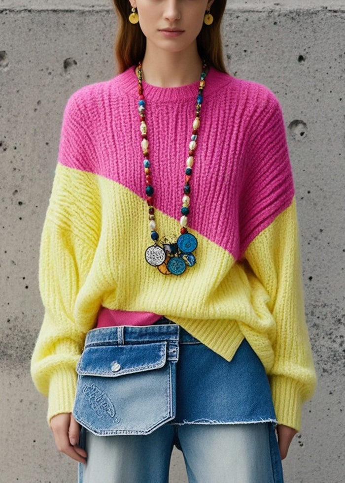 Art Colorblock Oversized Patchwork Knitted Cozy Tops Fall