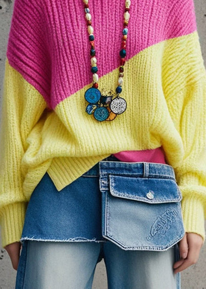 Art Colorblock Oversized Patchwork Knitted Cozy Tops Fall