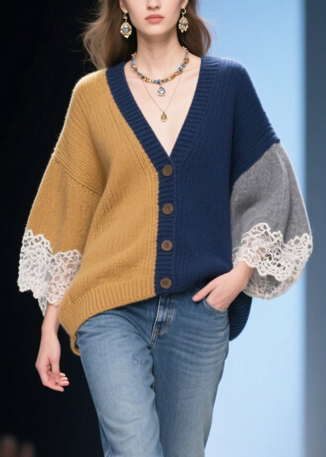 Art Colorblock Oversized Patchwork Lace Knit Cardigans Winter