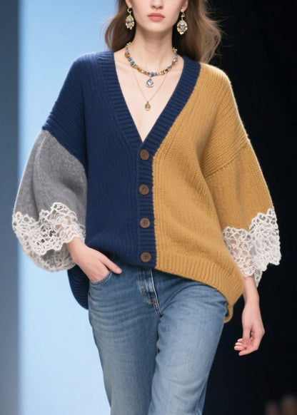 Art Colorblock Oversized Patchwork Lace Knit Cardigans Winter