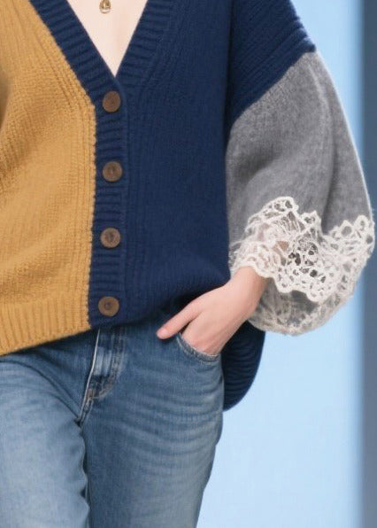 Art Colorblock Oversized Patchwork Lace Knit Cardigans Winter