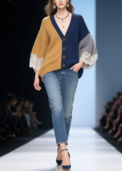 Art Colorblock Oversized Patchwork Lace Knit Cardigans Winter