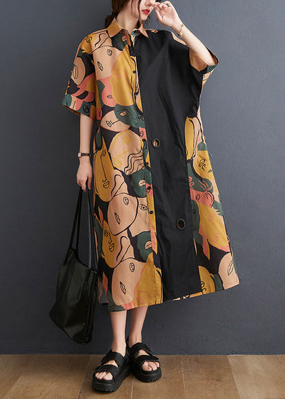 Art Colorblock Peter Pan Collar Side Open Graphic Patchwork Cotton Shirt Dress Batwing Sleeve
