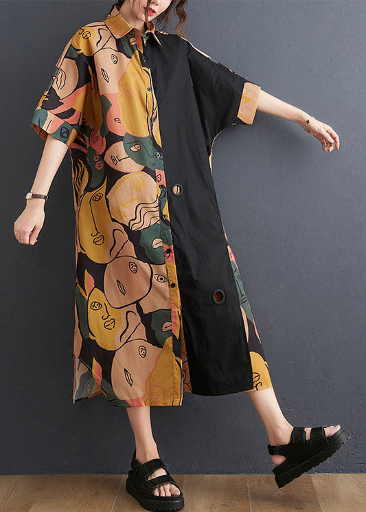 Art Colorblock Peter Pan Collar Side Open Graphic Patchwork Cotton Shirt Dress Batwing Sleeve