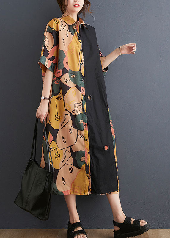Art Colorblock Peter Pan Collar Side Open Graphic Patchwork Cotton Shirt Dress Batwing Sleeve
