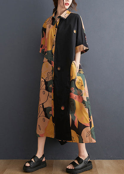 Art Colorblock Peter Pan Collar Side Open Graphic Patchwork Cotton Shirt Dress Batwing Sleeve