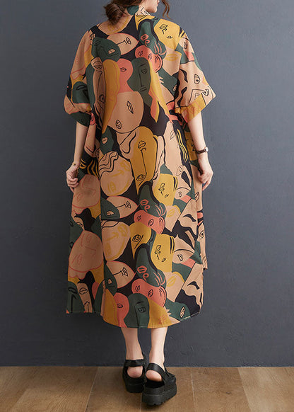 Art Colorblock Peter Pan Collar Side Open Graphic Patchwork Cotton Shirt Dress Batwing Sleeve