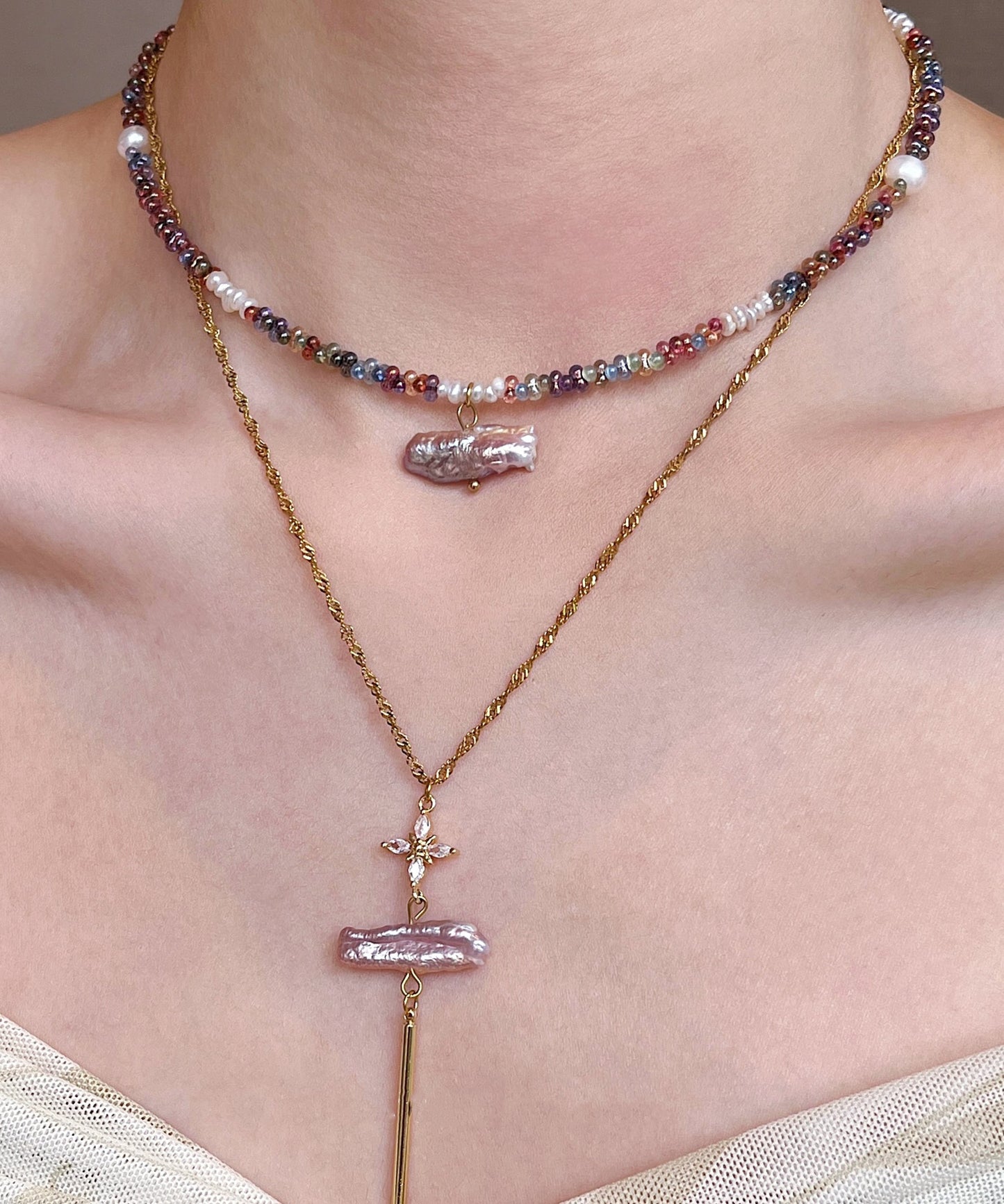 Art Colorful Pearl Stringing Beads Layering Alloy Pendant Necklace Two Piece Set