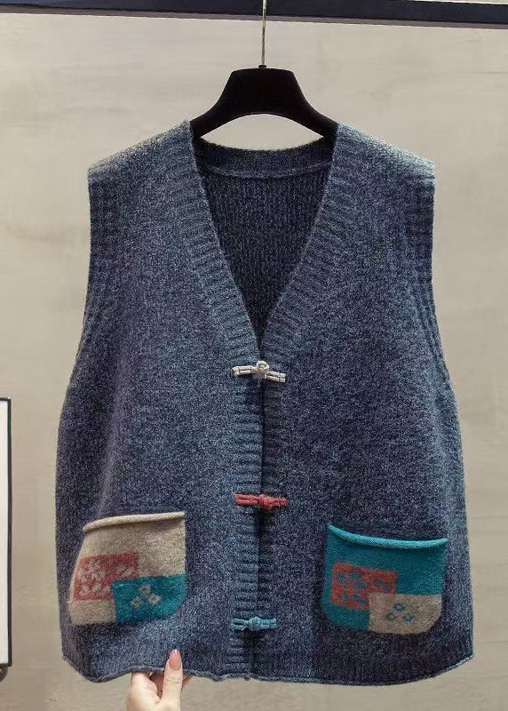 Art Dark Blue Chinese Button Patchwork Pockets Knitted Vests Winter