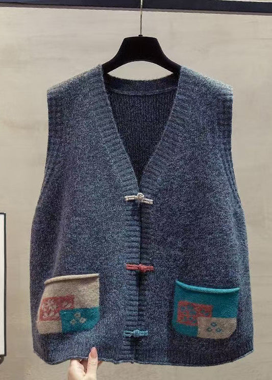 Art Dark Blue Chinese Button Patchwork Pockets Knitted Vests Winter