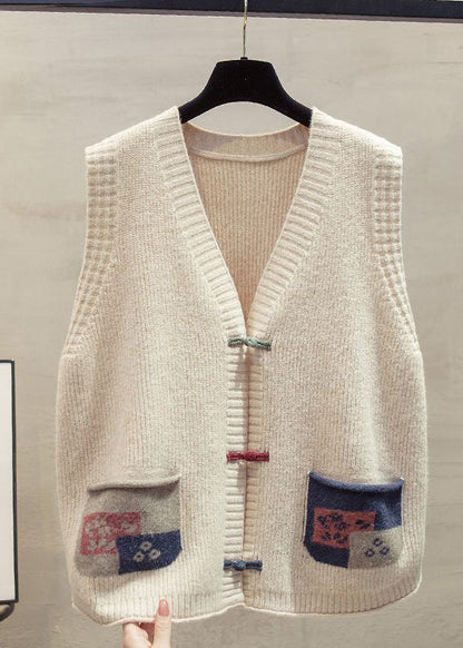 Art Dark Blue Chinese Button Patchwork Pockets Knitted Vests Winter
