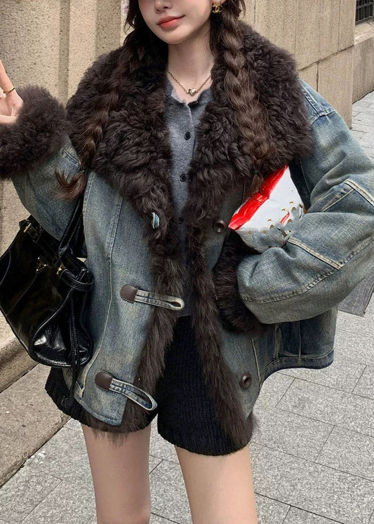 Art Denim Blue Fur Collar Pockets Patchwork Jackets Winter