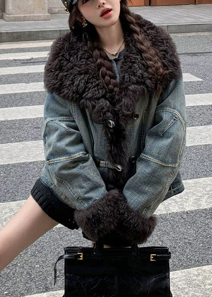 Art Denim Blue Fur Collar Pockets Patchwork Jackets Winter