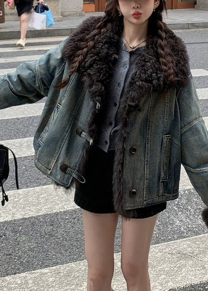 Art Denim Blue Fur Collar Pockets Patchwork Jackets Winter