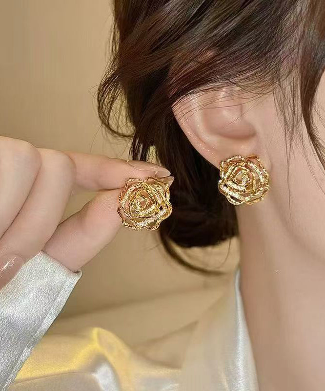 Art Gold Copper Overgild Hollow Out Floral Stud Earrings