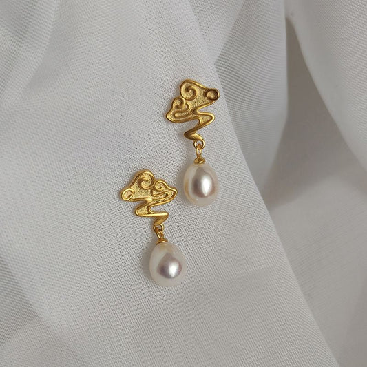 Art Gold Copper Overgild Pearl Auspicious Clouds Drop Earrings