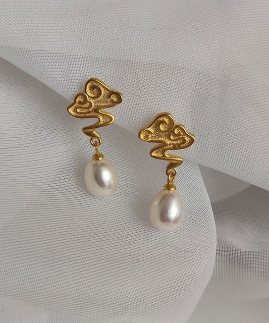 Art Gold Copper Overgild Pearl Auspicious Clouds Drop Earrings