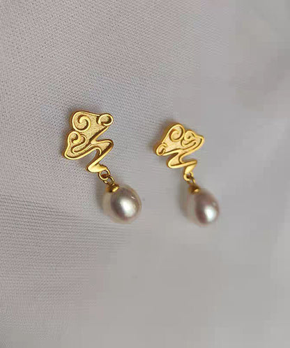 Art Gold Copper Overgild Pearl Auspicious Clouds Drop Earrings