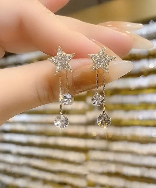 Art Gold Sterling Silver Overgild Zircon Star Tassel Drop Earrings