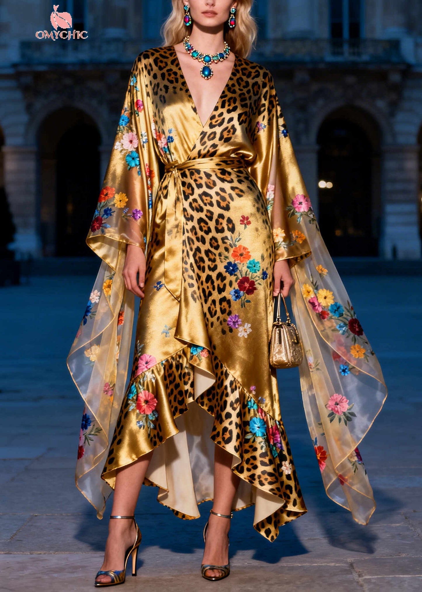 Art Golden Asymmetrical Print Silk Tunic Dress Summer
