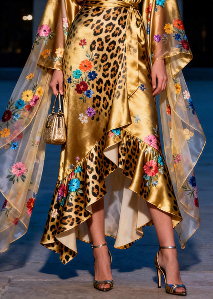 Art Golden Asymmetrical Print Silk Tunic Dress Summer