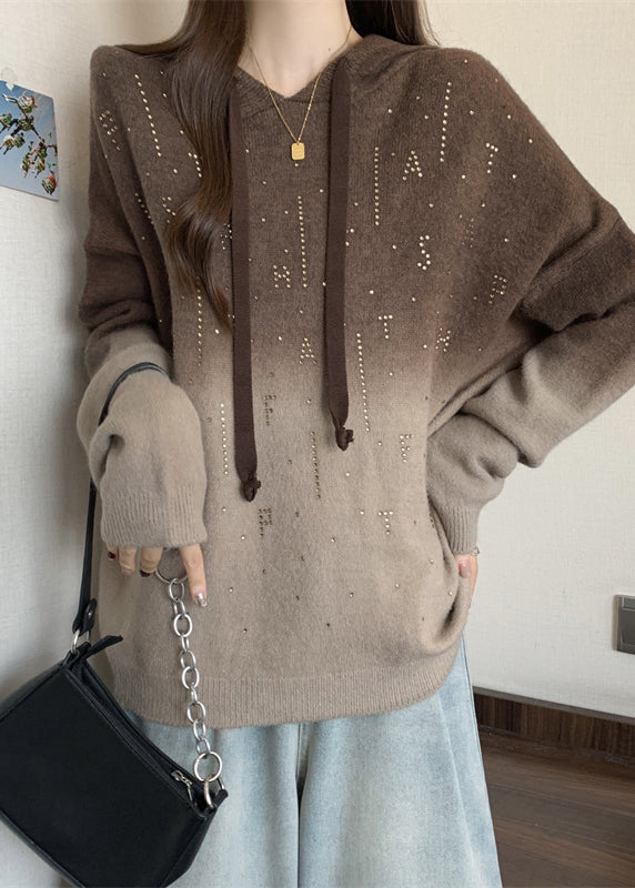 Art Gradient Brown Rhinestone Knit Hooded Sweatshirts Top Fall